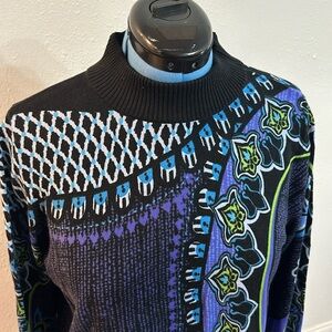 Bob Mackie black, green, teal and purple floral design sweater.